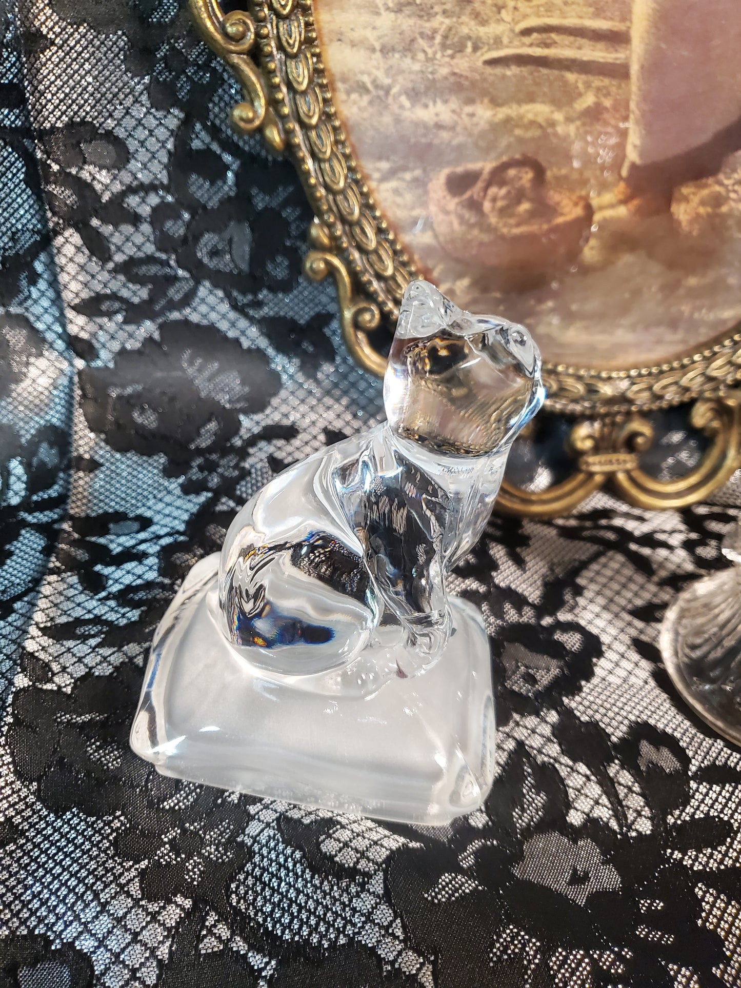 Vintage Cristal d'Arques Crystal Cat on Frosted Pillow