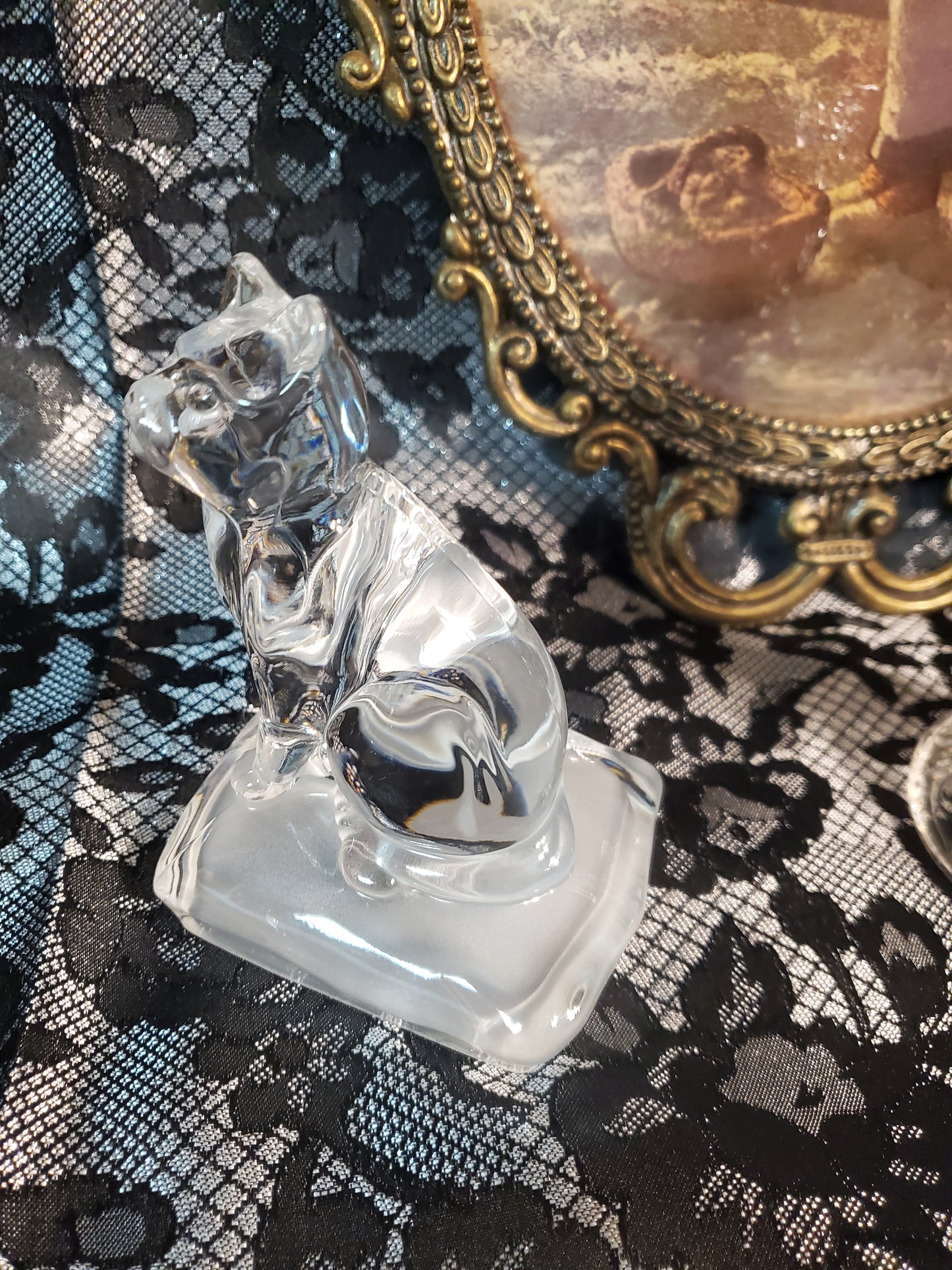 Vintage Cristal d'Arques Crystal Cat on Frosted Pillow