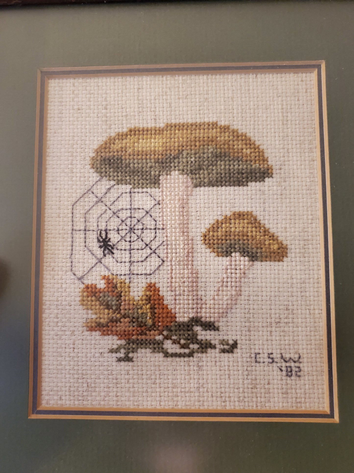 Vintage 1982 "Mushroom Mystique" Framed Cross Stitch