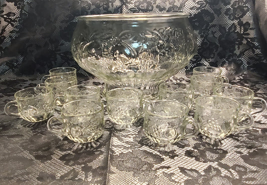 Vintage Fruit Embossed Punch Bowl & Cups