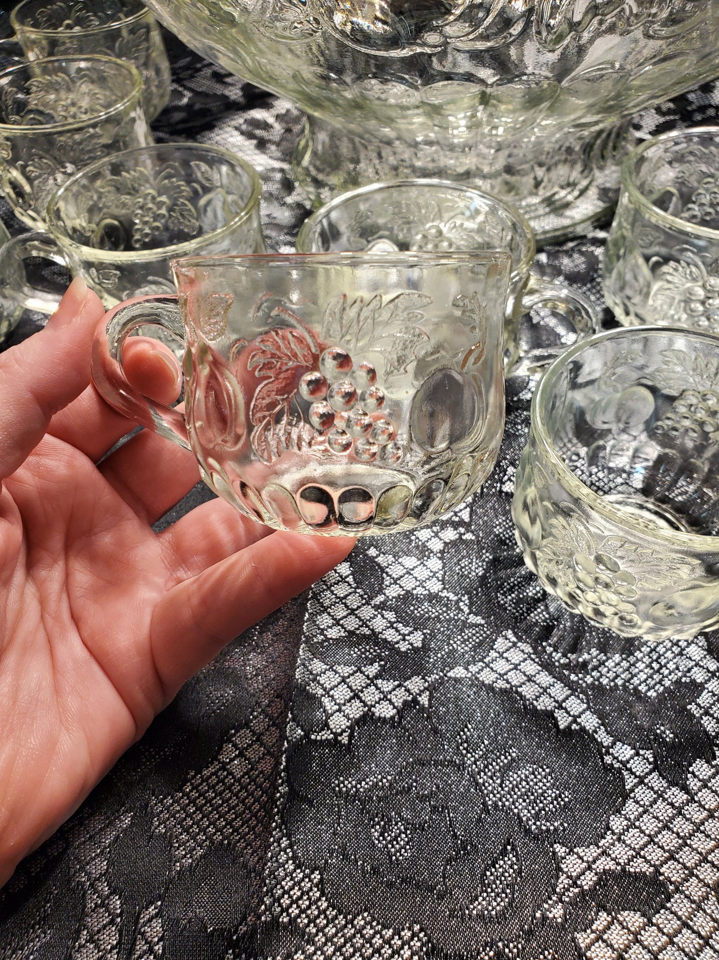Vintage Fruit Embossed Punch Bowl & Cups
