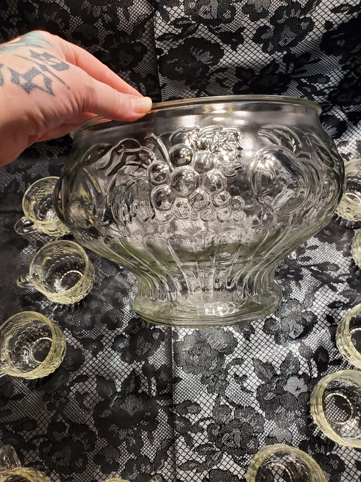 Vintage Fruit Embossed Punch Bowl & Cups