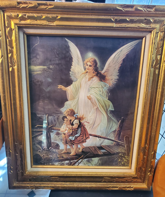 Framed Guardian Angel Lithograph Print