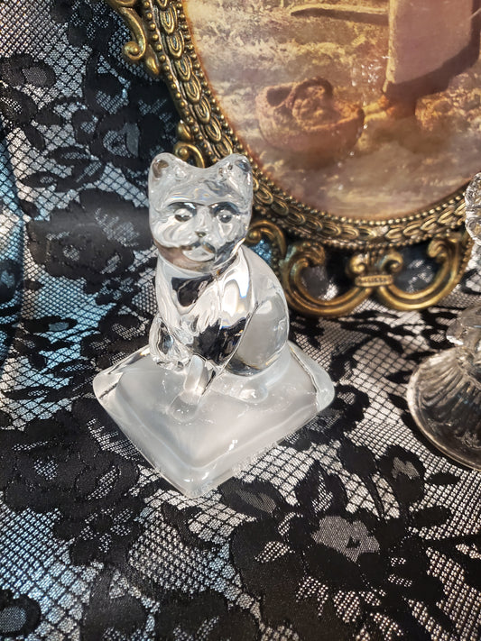 Vintage Cristal d'Arques Crystal Cat on Frosted Pillow